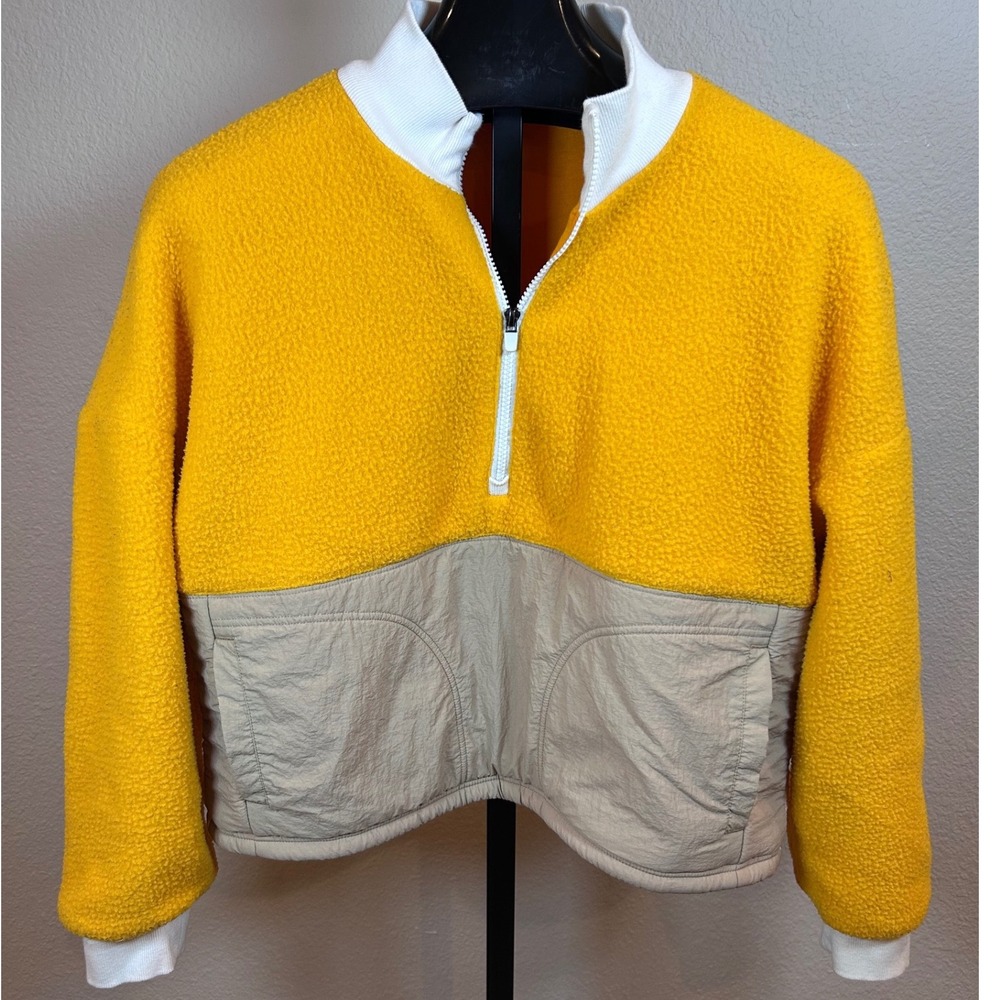 Fabletics Womens XL Sherpa Half Zip Pullover Yellow Tan Colorblock